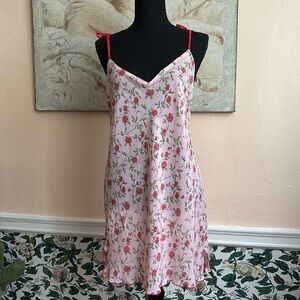 Vintage Josie Natori Pink and Red Floral Sheer Slip Dress Size Small Tie Staps